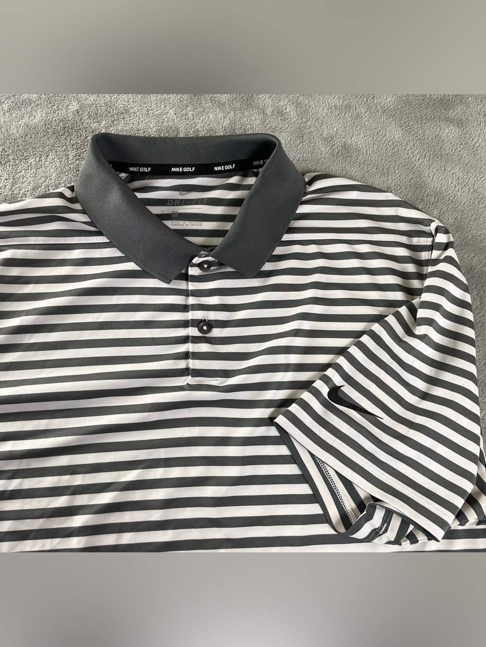Nike Golf Polo Shirt Gray Stripes School Athletic Swoosh Logo Men's XL •mark